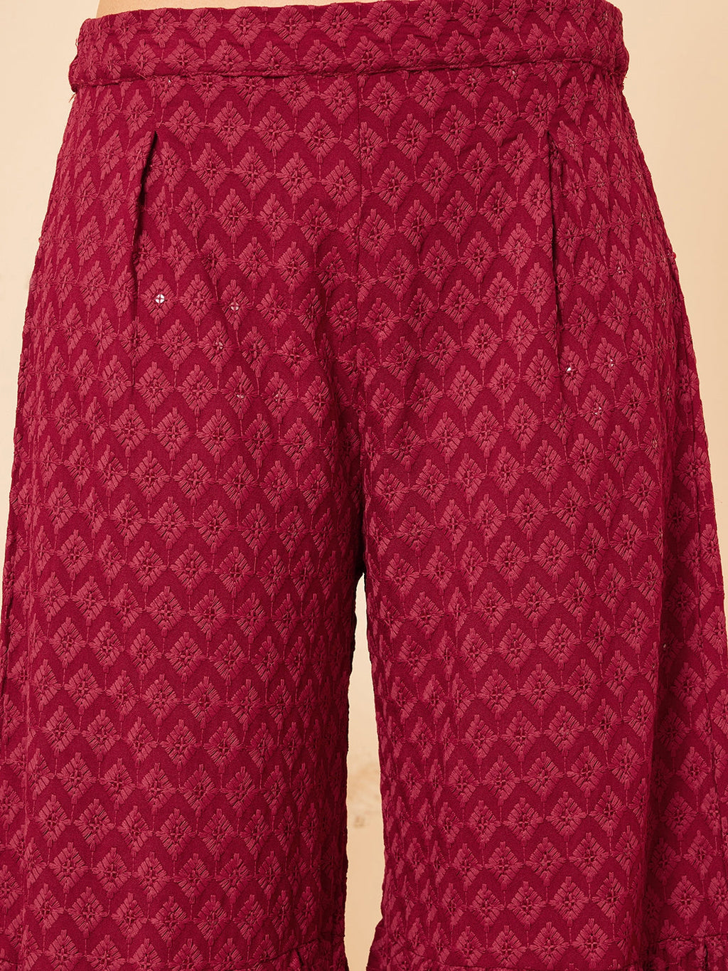 InWeave Women's Maroon Chikankari Long Anarkali Kurta Palazzo Set W Dupatta | Grocsy