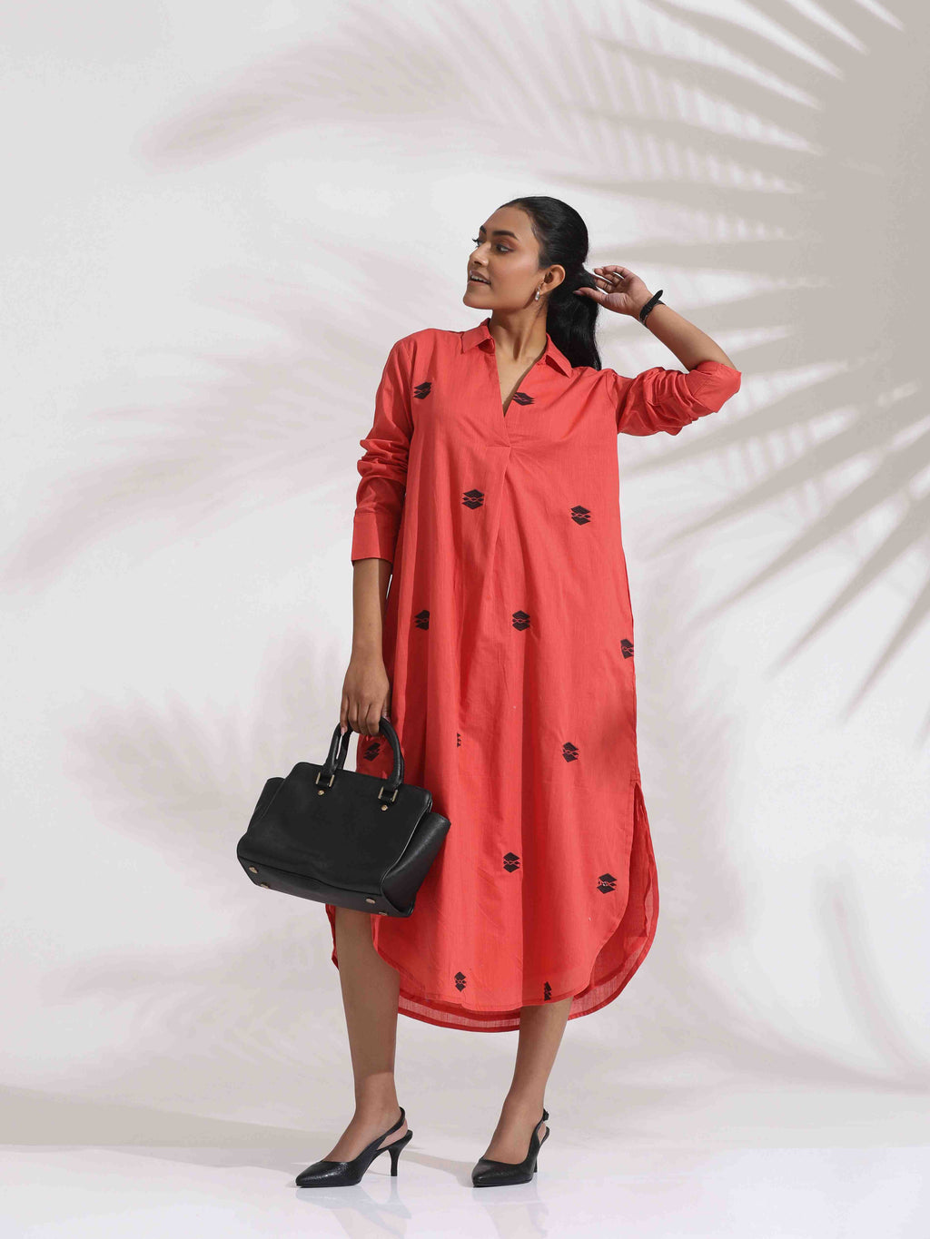 trueBrowns Orange Cotton Embroidered Flared Dress | Grocsy