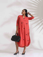 trueBrowns Orange Cotton Embroidered Flared Dress | Grocsy