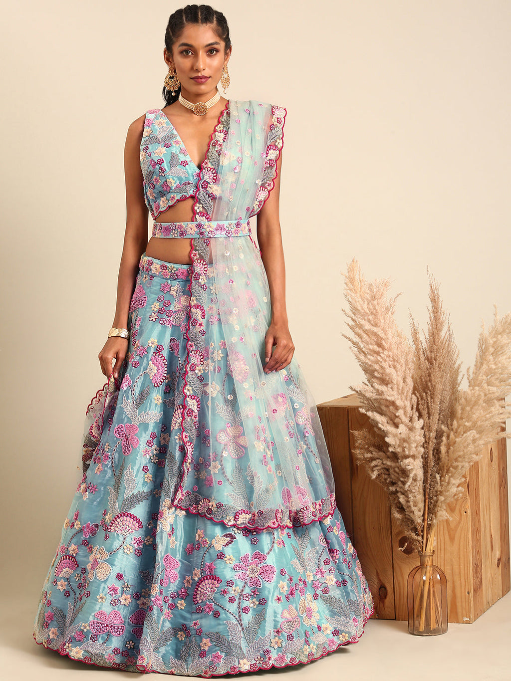 House of Panchhi Turquoise Blue Organza Sequins And Zarkan Embroidery Lehenga Choli & Dupatta | Grocsy