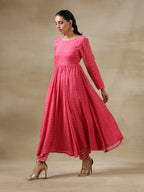 trueBrowns Pink Bandhani Printed Silk Anarkali Kurta Pant Dupatta Set | Grocsy