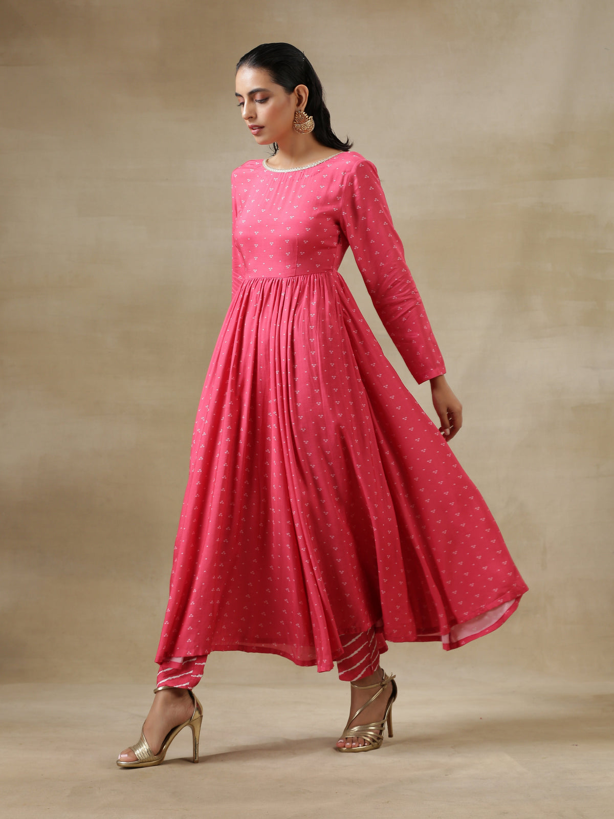 trueBrowns Pink Bandhani Printed Silk Anarkali Kurta Pant Dupatta Set | Grocsy