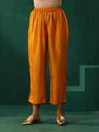 trueBrowns Mustard Geometric Floral Viscose Silk Front Pleat Co-ord Set | Grocsy