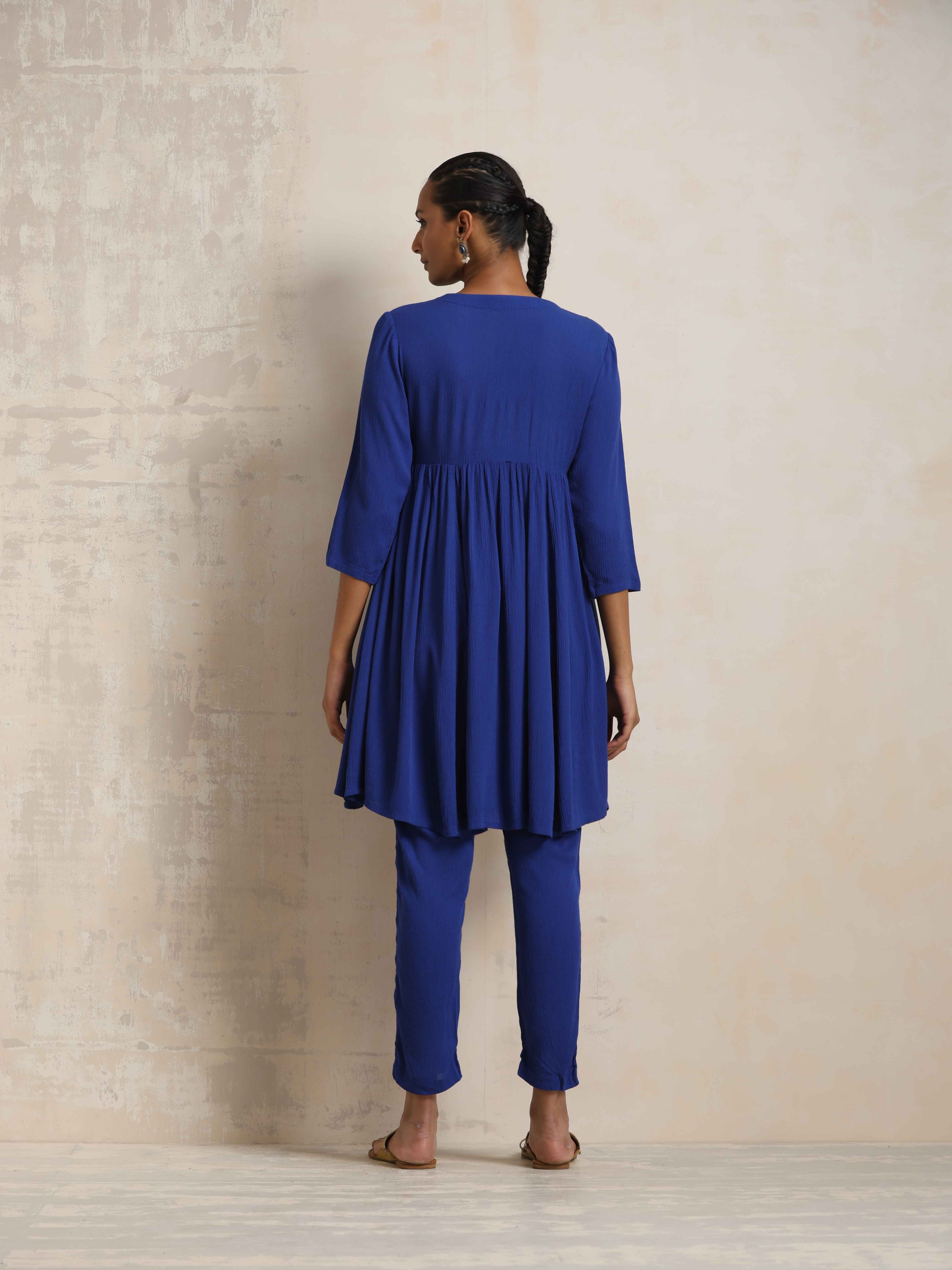 trueBrowns Blue Crinkle Flared Kurta Co-ord Set | Grocsy