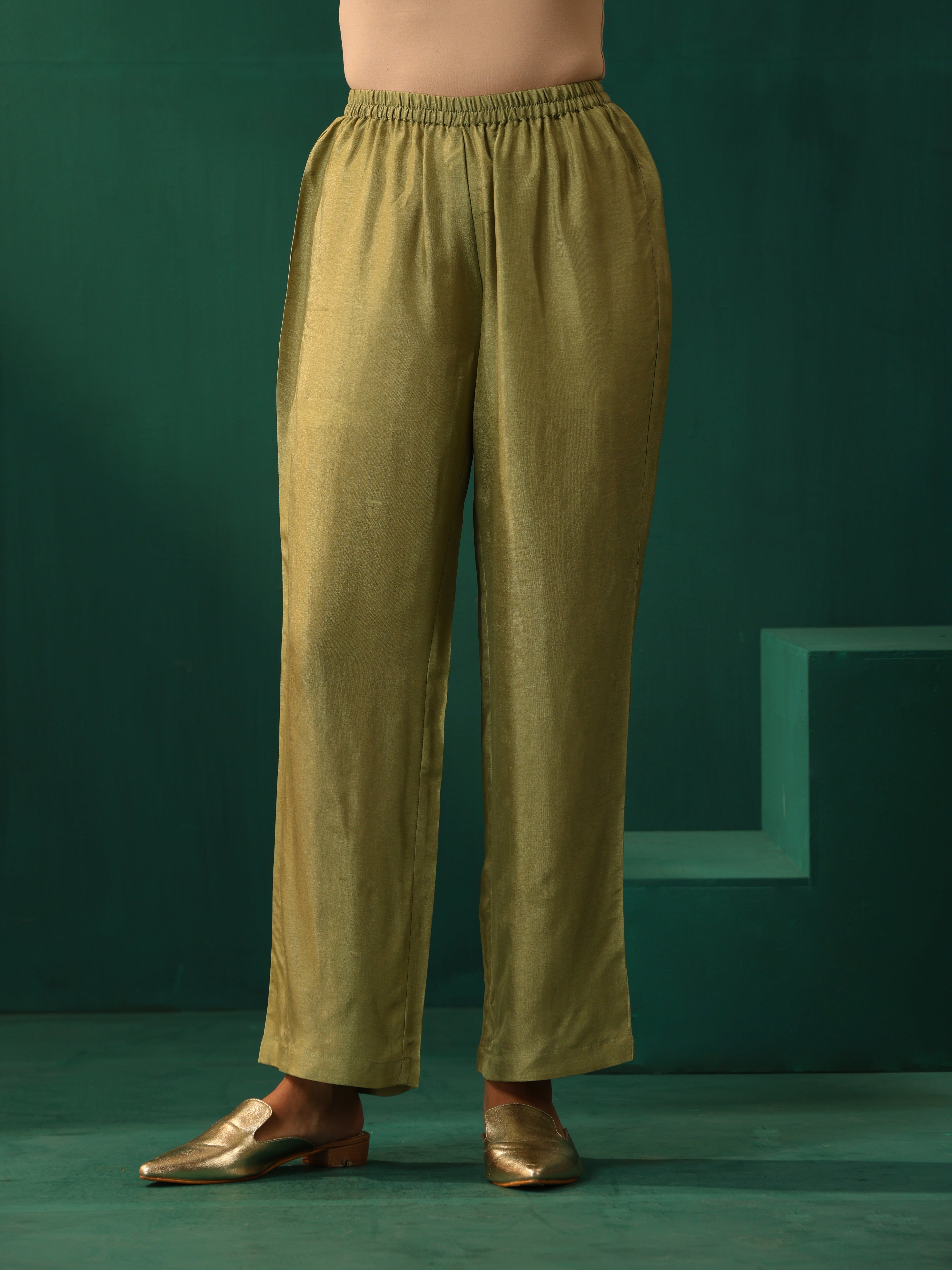 trueBrowns Green Square Viscose Silk Side Gathered Co-ord Set | Grocsy