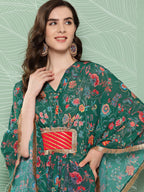 Ahalyaa Women Floral Printed Flared Sleeves Patchwork Georgette Kaftan Kurta | Grocsy
