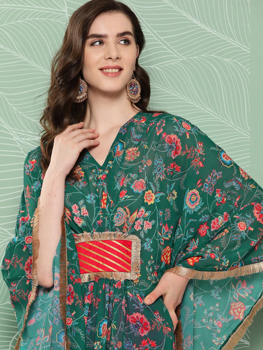 Ahalyaa Women Floral Printed Flared Sleeves Patchwork Georgette Kaftan Kurta | Grocsy