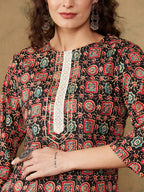 InWeave Women's Black Maroon Print Lace Gota Work Straight Kurta | Grocsy