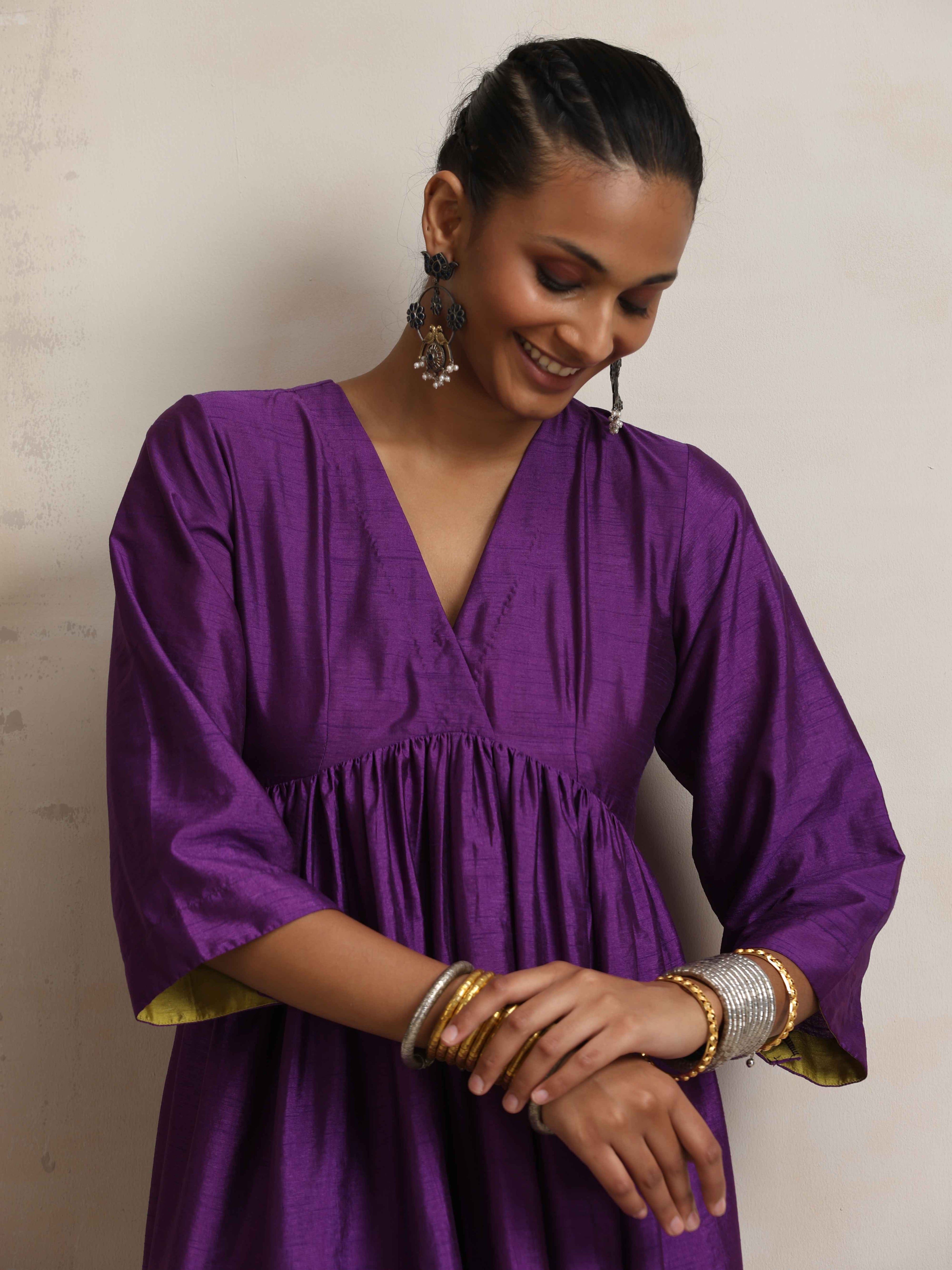 trueBrowns Purple Silk Anarkali Flared Kurta Set | Grocsy