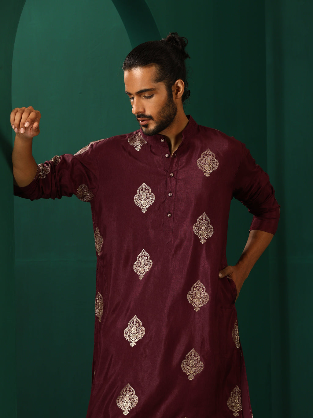 trueBrowns Men's Wine Geometric Viscose Silk Long Kurta | Grocsy
