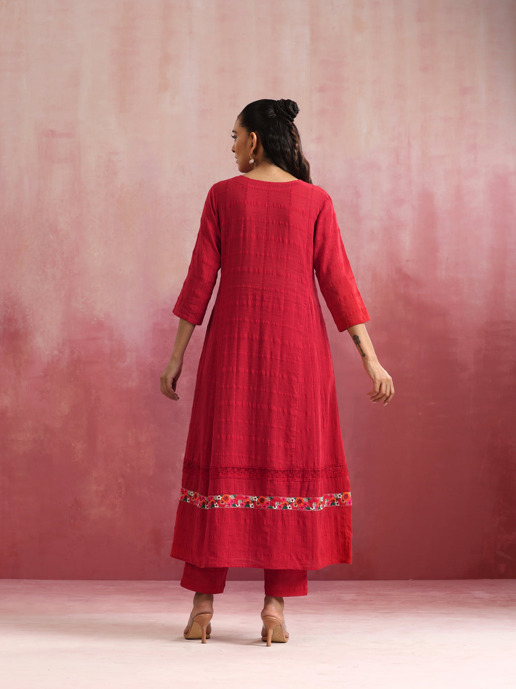 trueBrowns Red Cotton Dobby Flared Kurta Set | Grocsy
