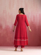 trueBrowns Red Cotton Dobby Flared Kurta Set | Grocsy