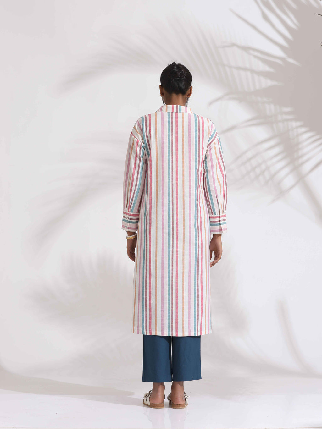 trueBrowns Off-White Cotton Multi Stripe A-line Kurta Set | Grocsy