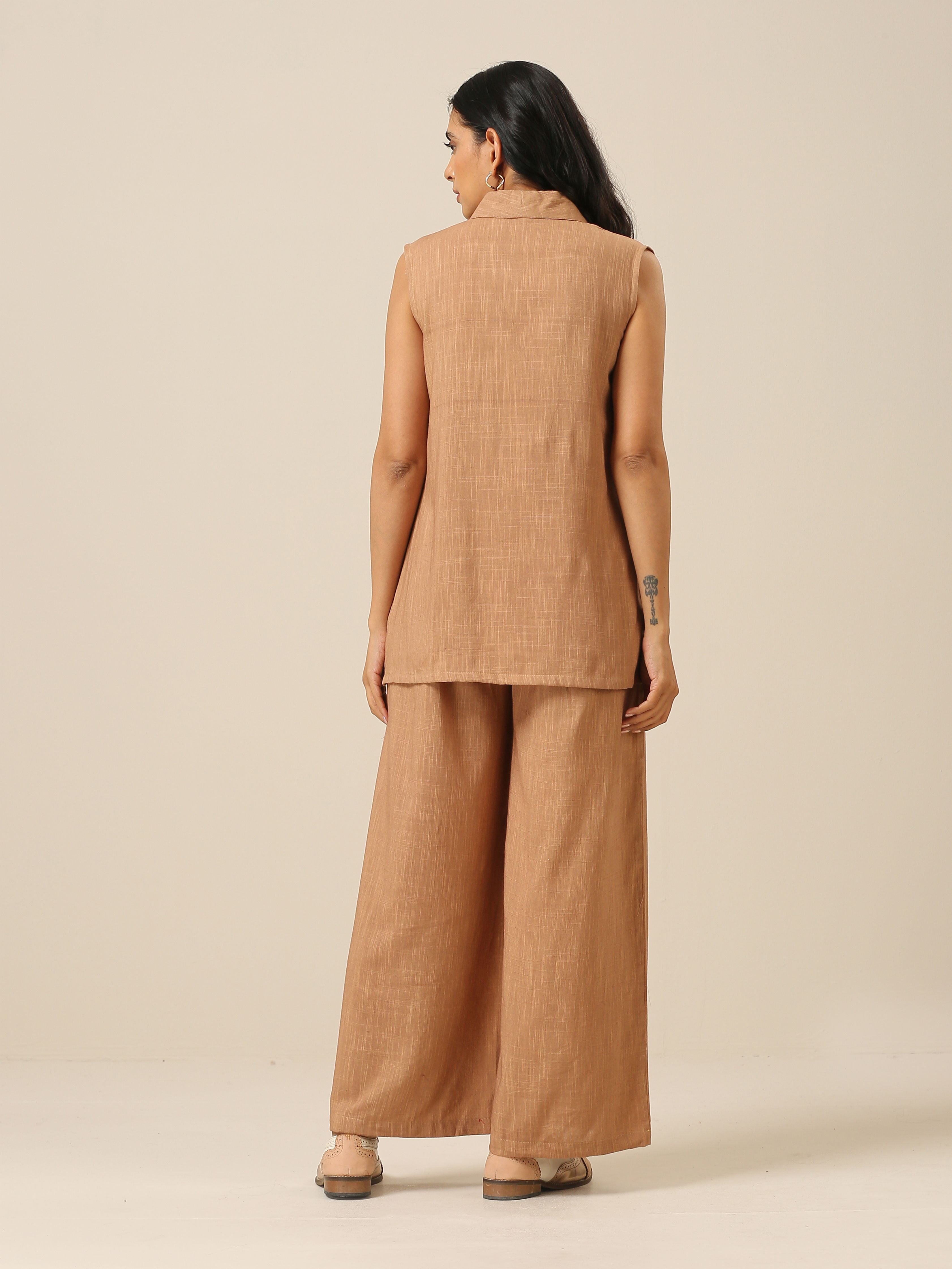trueBrowns Beige Slub Texture Sleevesless Jacket Pant Set | Grocsy