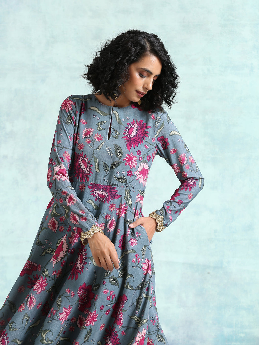 trueBrowns Grey Printed Velvet Anarkali Kurta | Grocsy