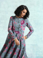 trueBrowns Grey Printed Velvet Anarkali Kurta | Grocsy