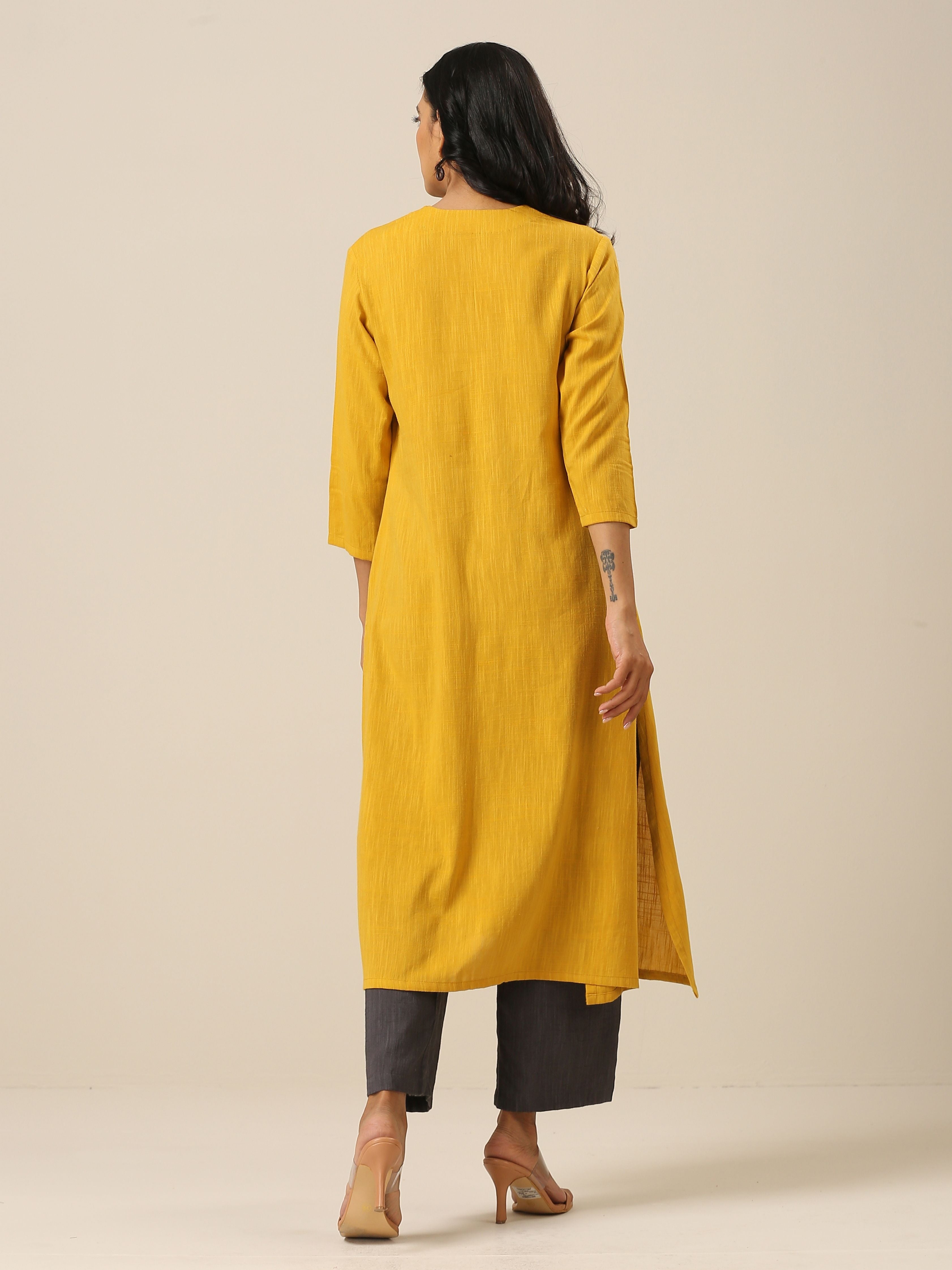 trueBrowns Mustard Yellow Slub Texture Neck Pleat Kurta Pant Set | Grocsy