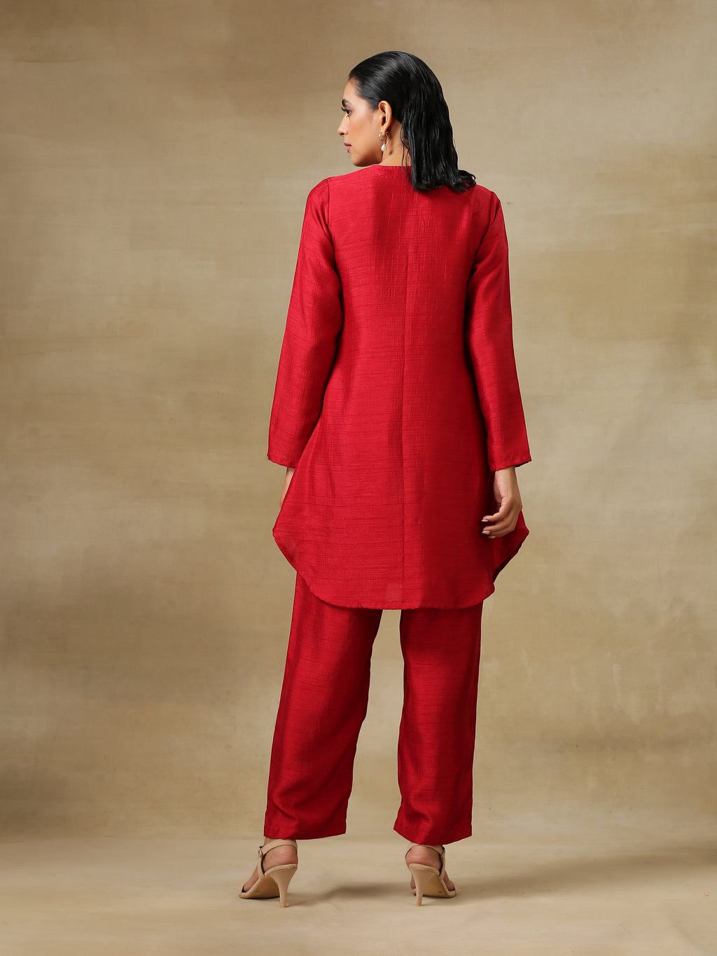 trueBrowns Maroon Textured Silk Front Placket Co-Ord Set | Grocsy