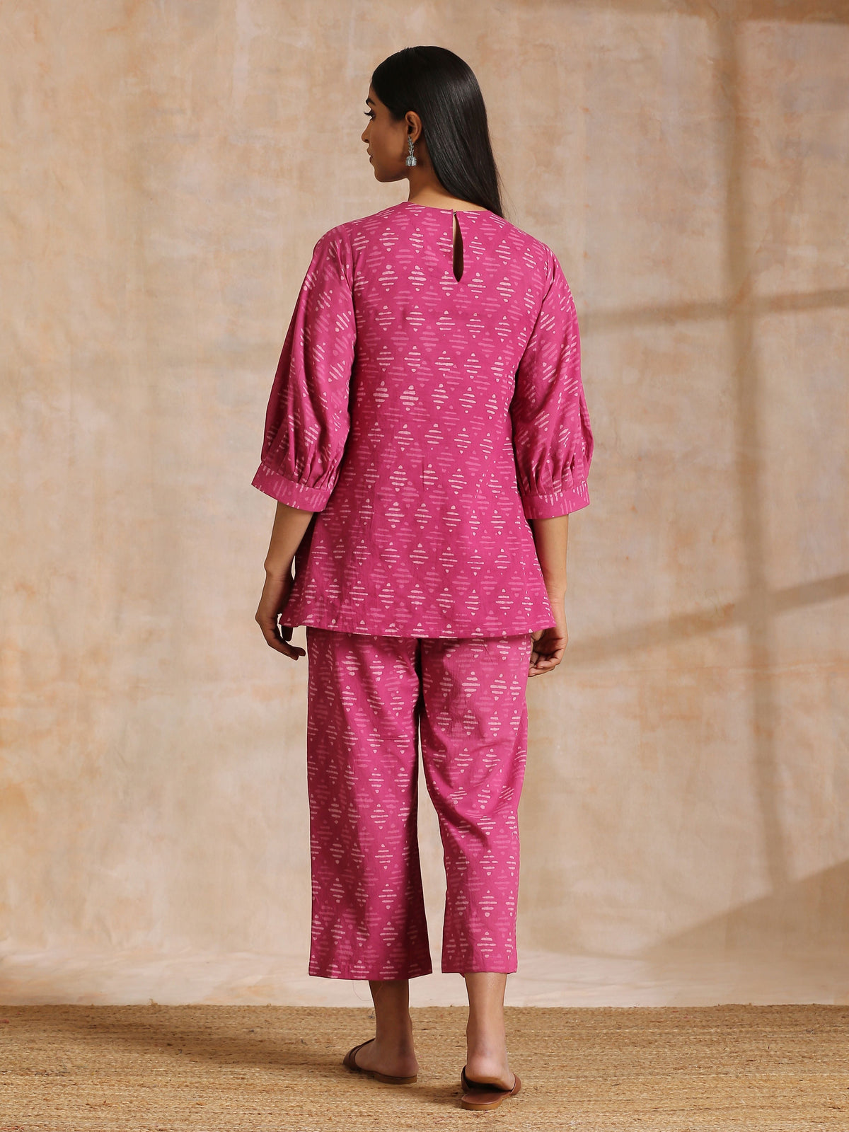 trueBrowns Pink Dabu Print Cotton Baggy Sleeve Co-Ord Set | Grocsy