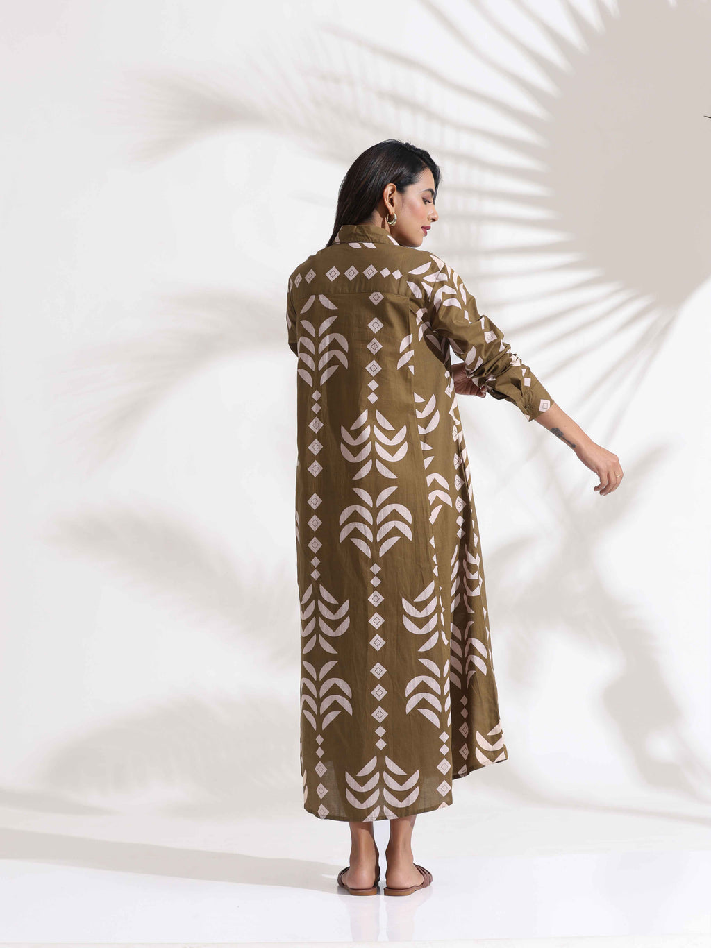 trueBrowns Olive Green Cotton Print Shirt Dress | Grocsy