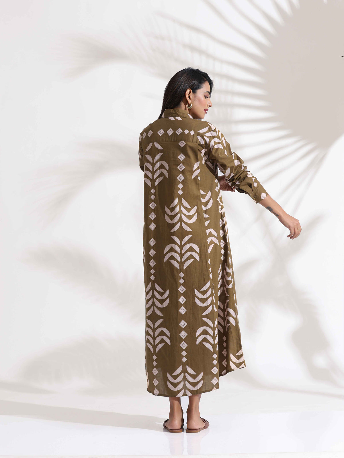 trueBrowns Olive Green Cotton Print Shirt Dress | Grocsy