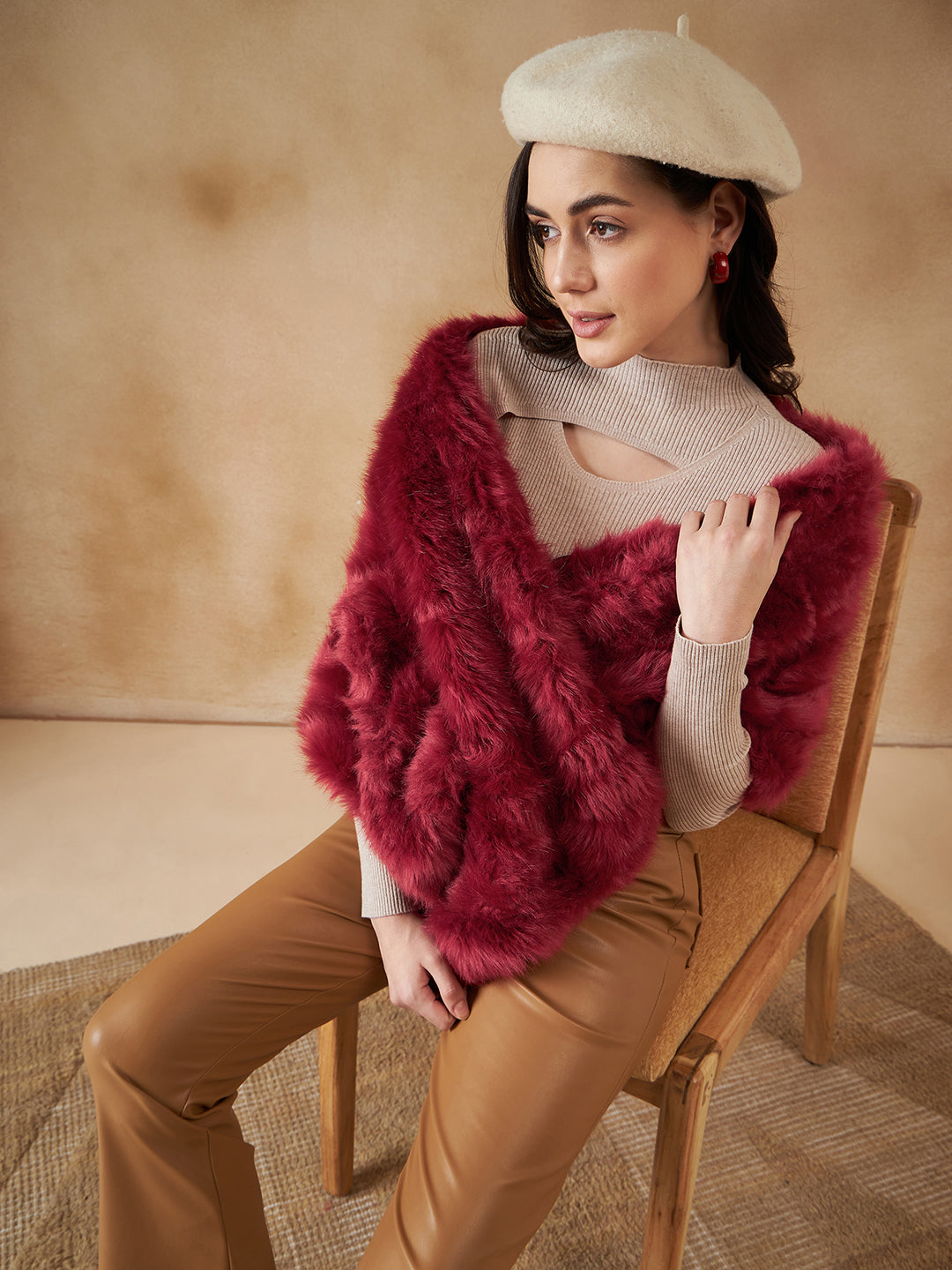 InWeave Women's Bright Rust Fur Cape | Grocsy