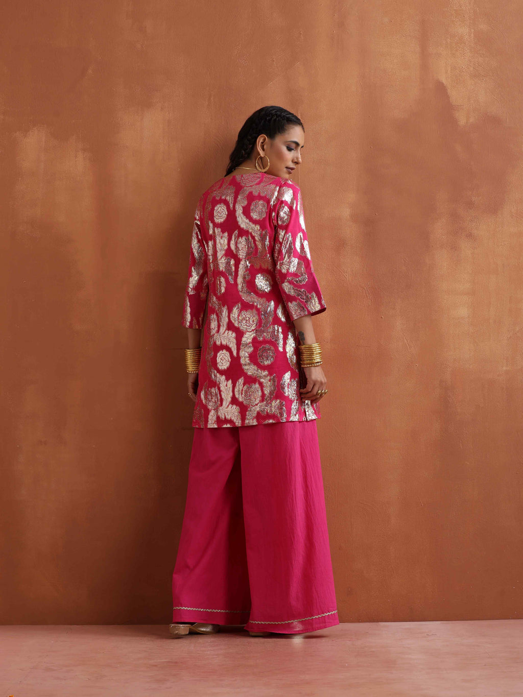 trueBrowns Pink Metallic Sharara Set | Grocsy