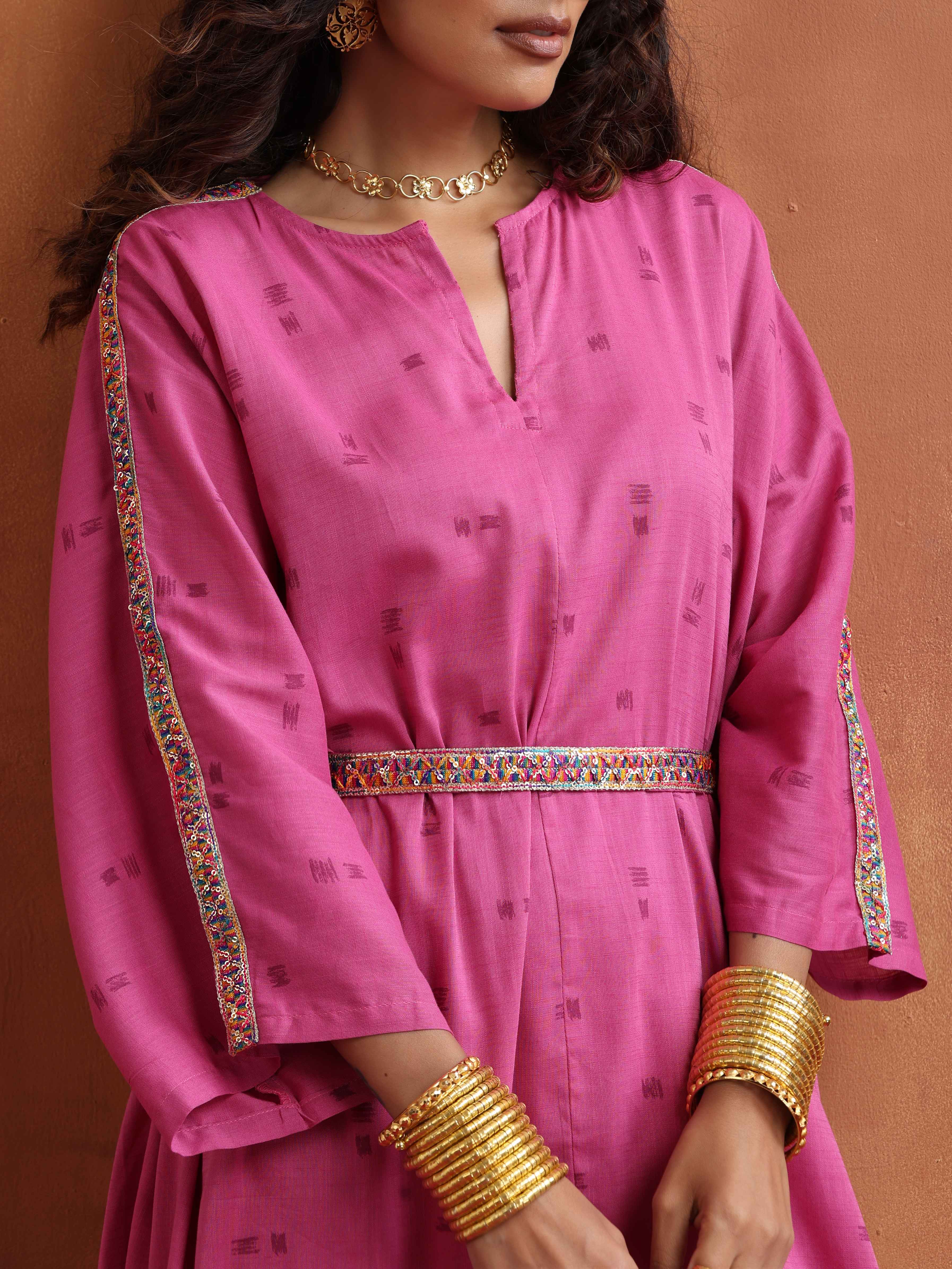 trueBrowns Pink Print Kaftan Kurta Co-ord Set | Grocsy