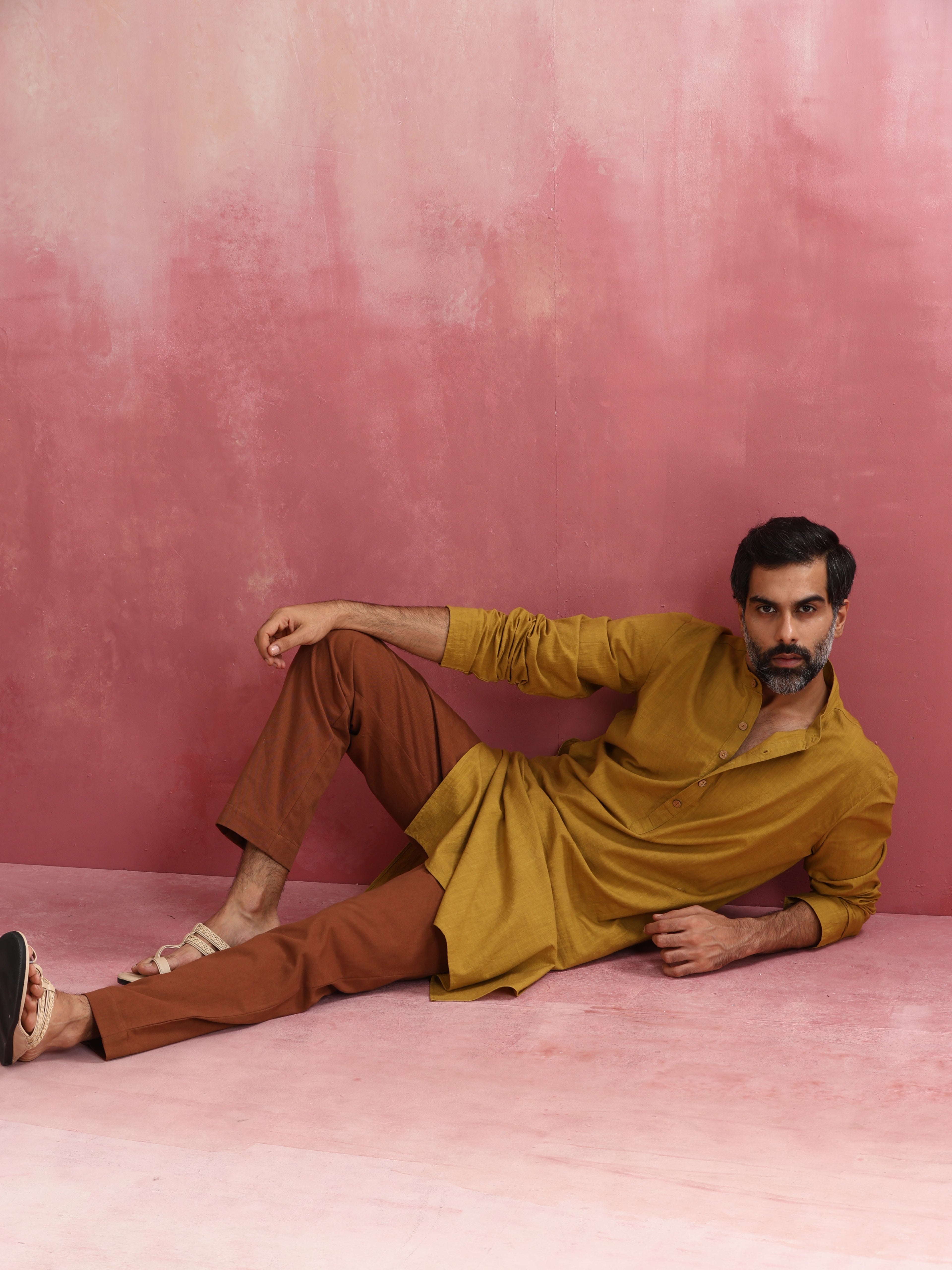 trueBrowns Men's Mustard Mandarin Collar Kurta | Grocsy