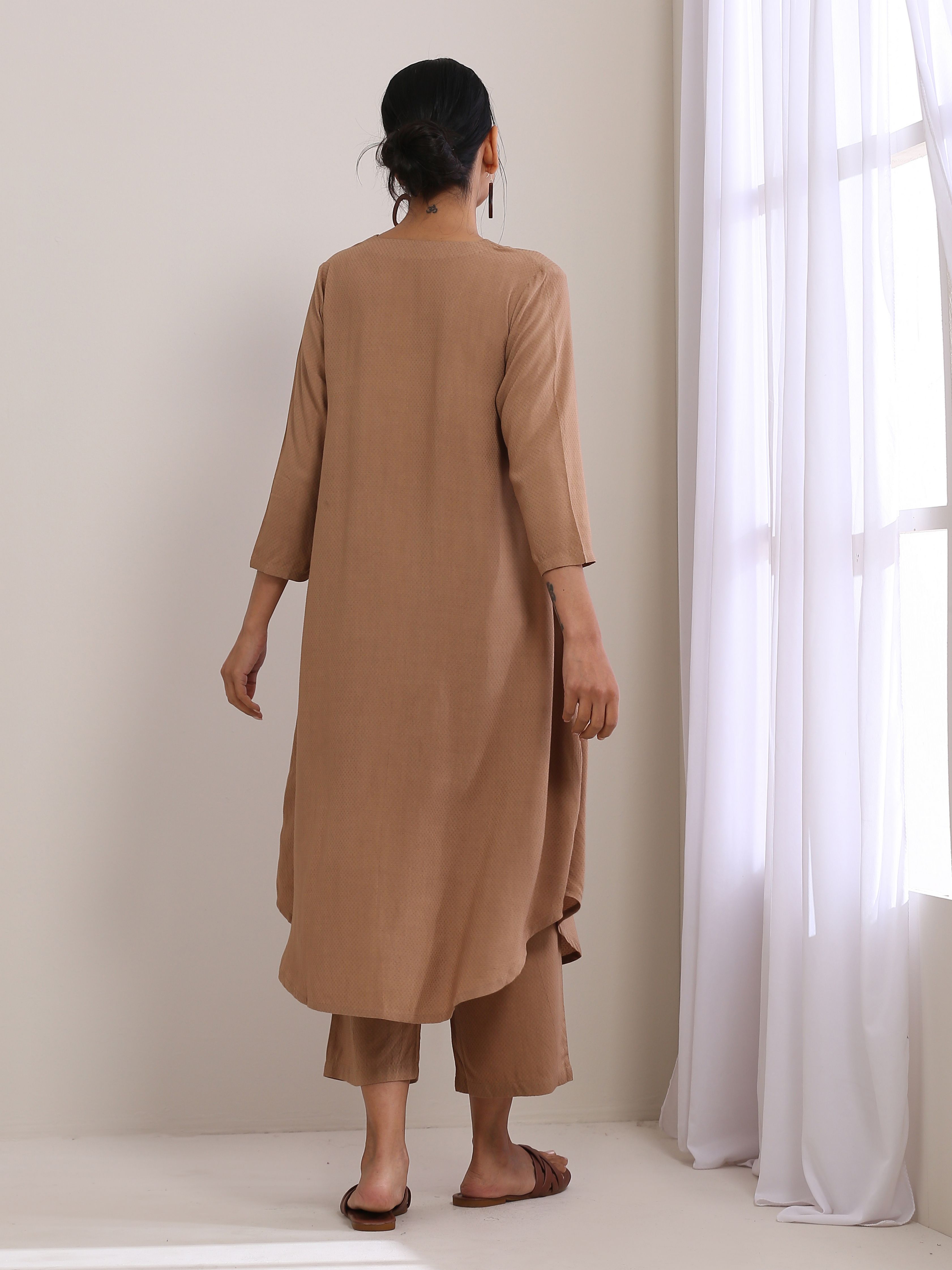 trueBrowns Beige Dobby Gathered Kurta Pant Set | Grocsy