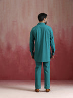 trueBrowns Men's Teal Cotton Shirt Collar Stylized Kurta Co-ord set | Grocsy