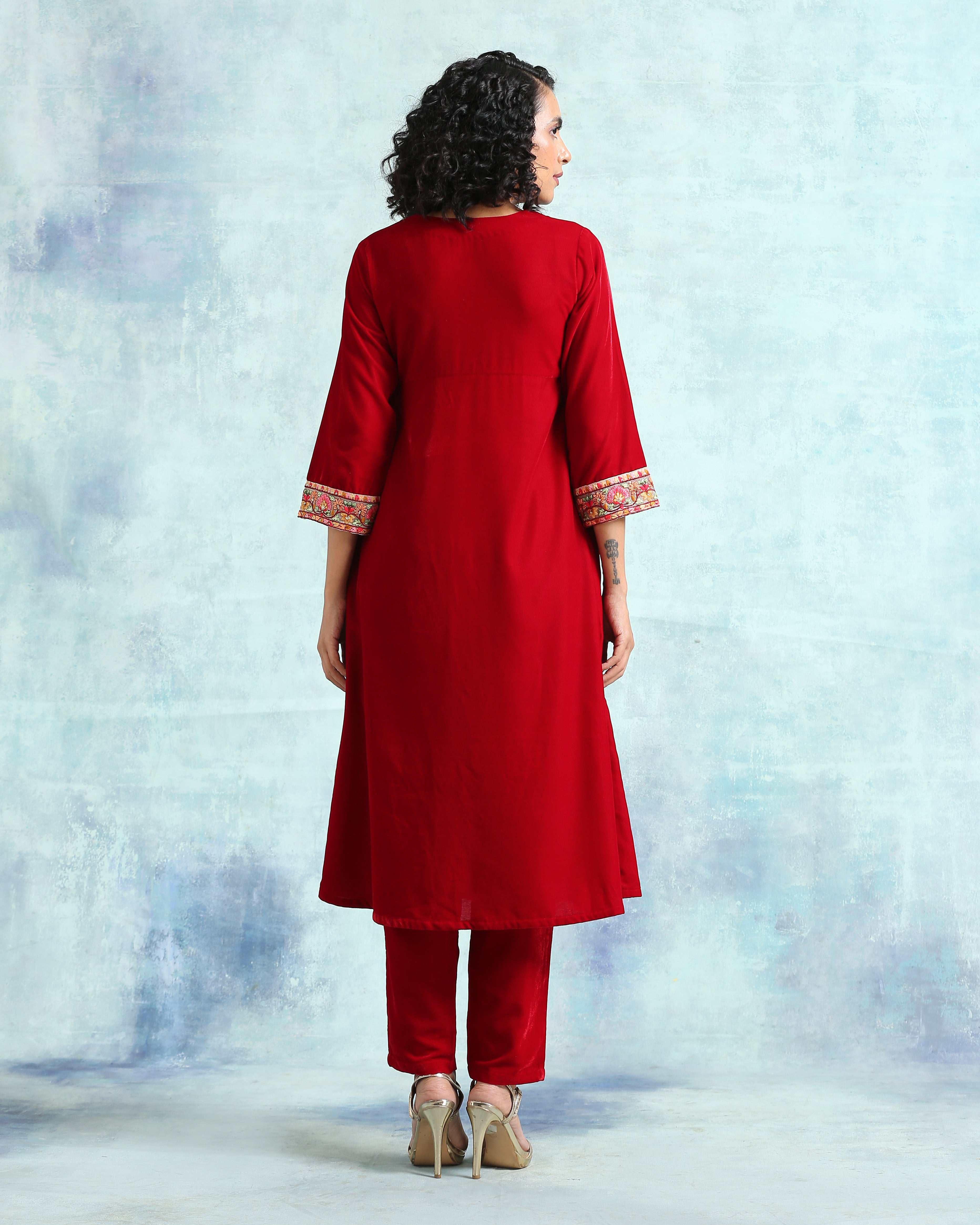 trueBrowns True Red Velvet Yoke Kurta | Grocsy