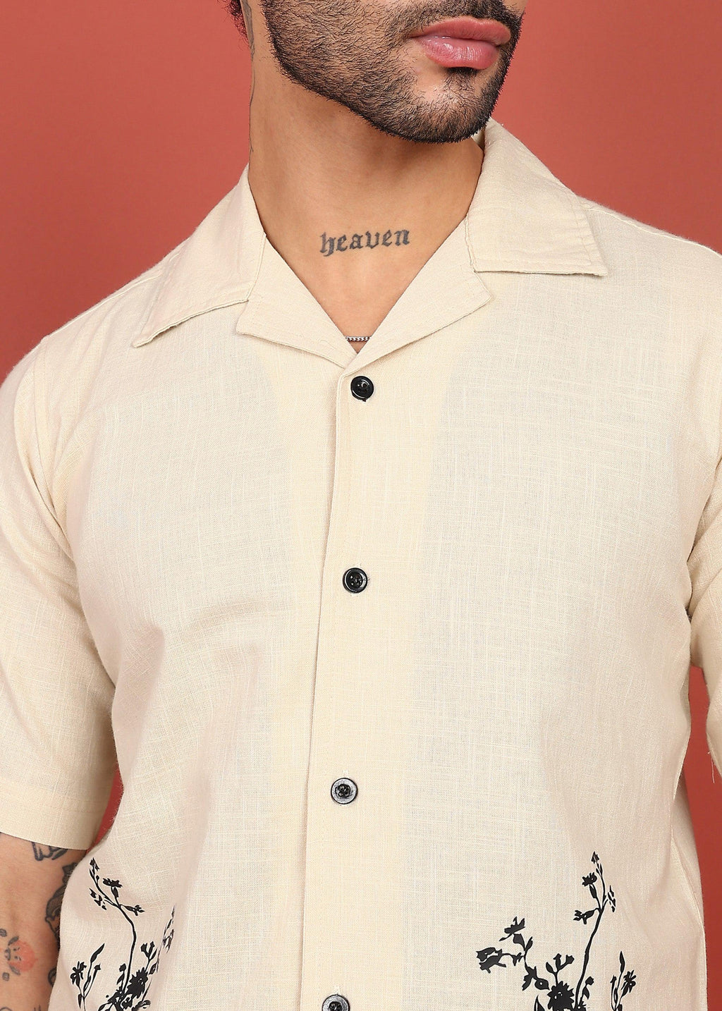 Fabmade Beige Bloom Embroidered Resort Shirt | Grocsy