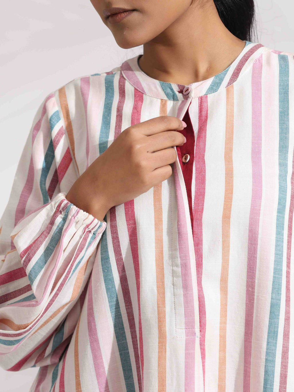 trueBrowns Off-White Cotton Multi Stripe Short Dress | Grocsy
