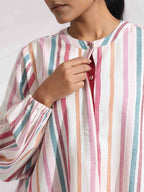trueBrowns Off-White Cotton Multi Stripe Short Dress | Grocsy