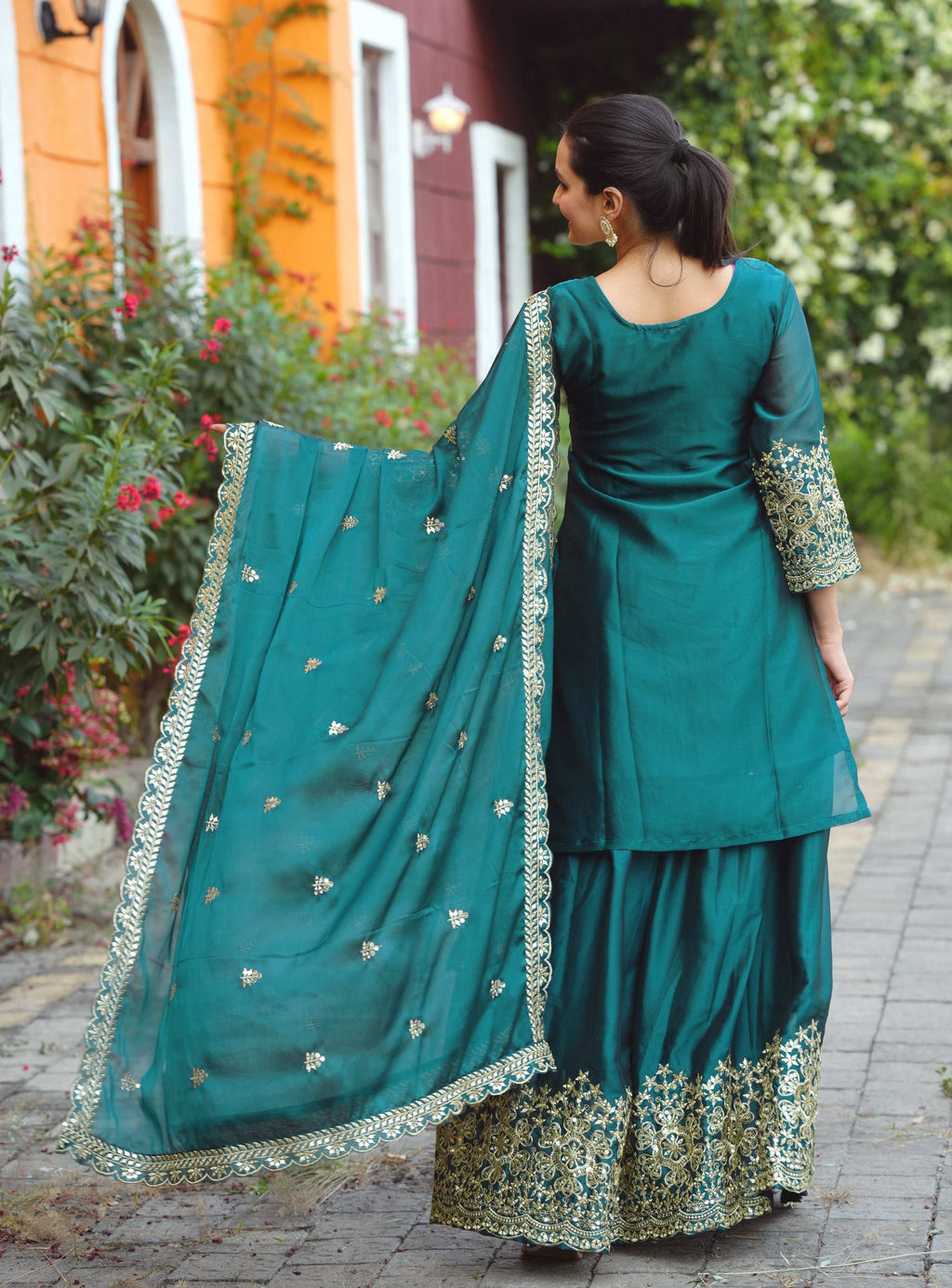Yash Enterprise Festive Teal Green Sequence Embroidered Work Readymade Salwar Suit | Grocsy