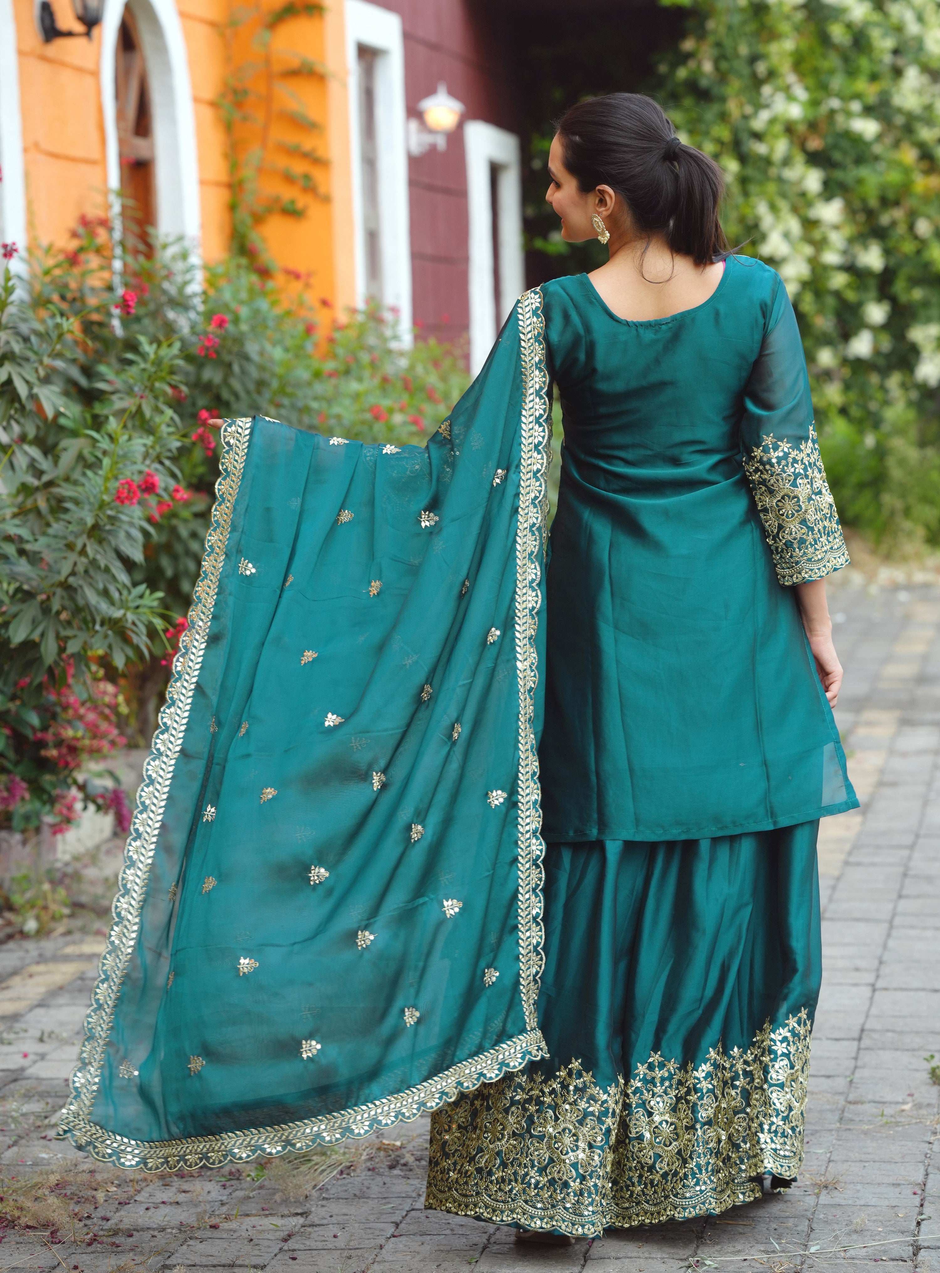 Yash Enterprise Festive Teal Green Sequence Embroidered Work Readymade Salwar Suit | Grocsy