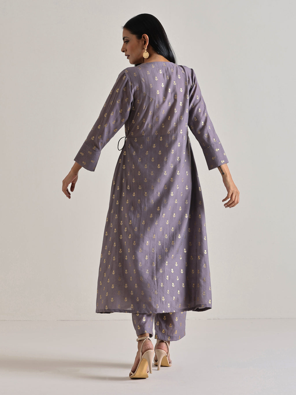 trueBrowns Plum Grey Foil Angrakha Kurta Set | Grocsy