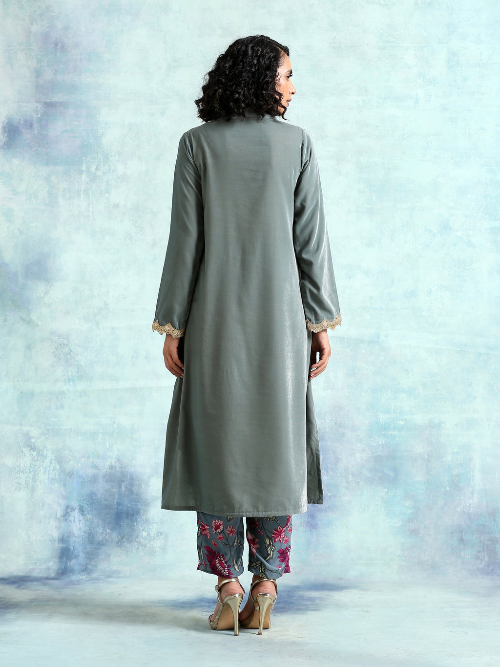 trueBrowns Grey Velvet Lace Kurta Pant Set | Grocsy
