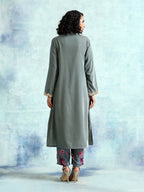 trueBrowns Grey Velvet Lace Kurta Pant Set | Grocsy