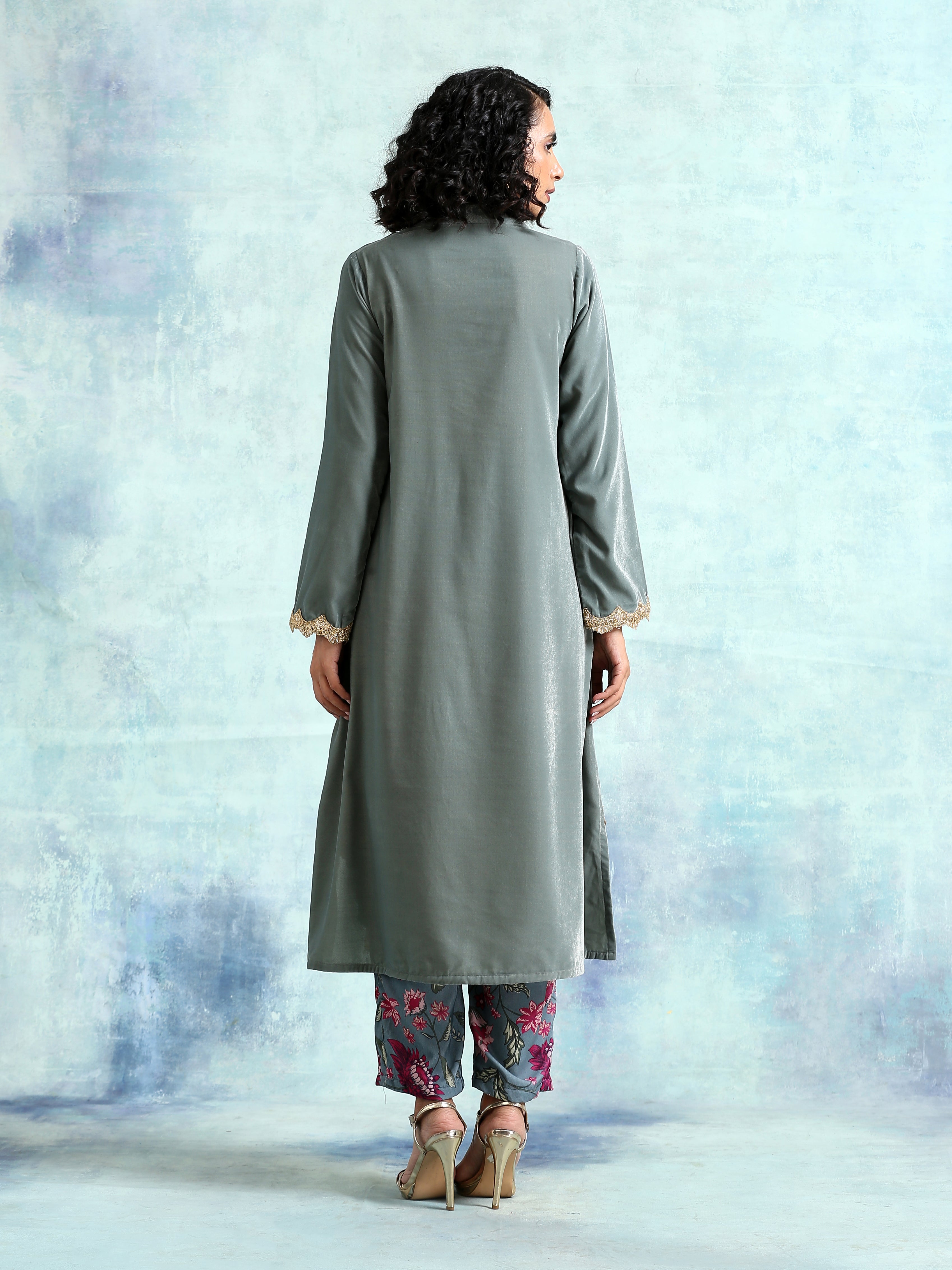 trueBrowns Grey Velvet Lace Kurta Pant Set | Grocsy