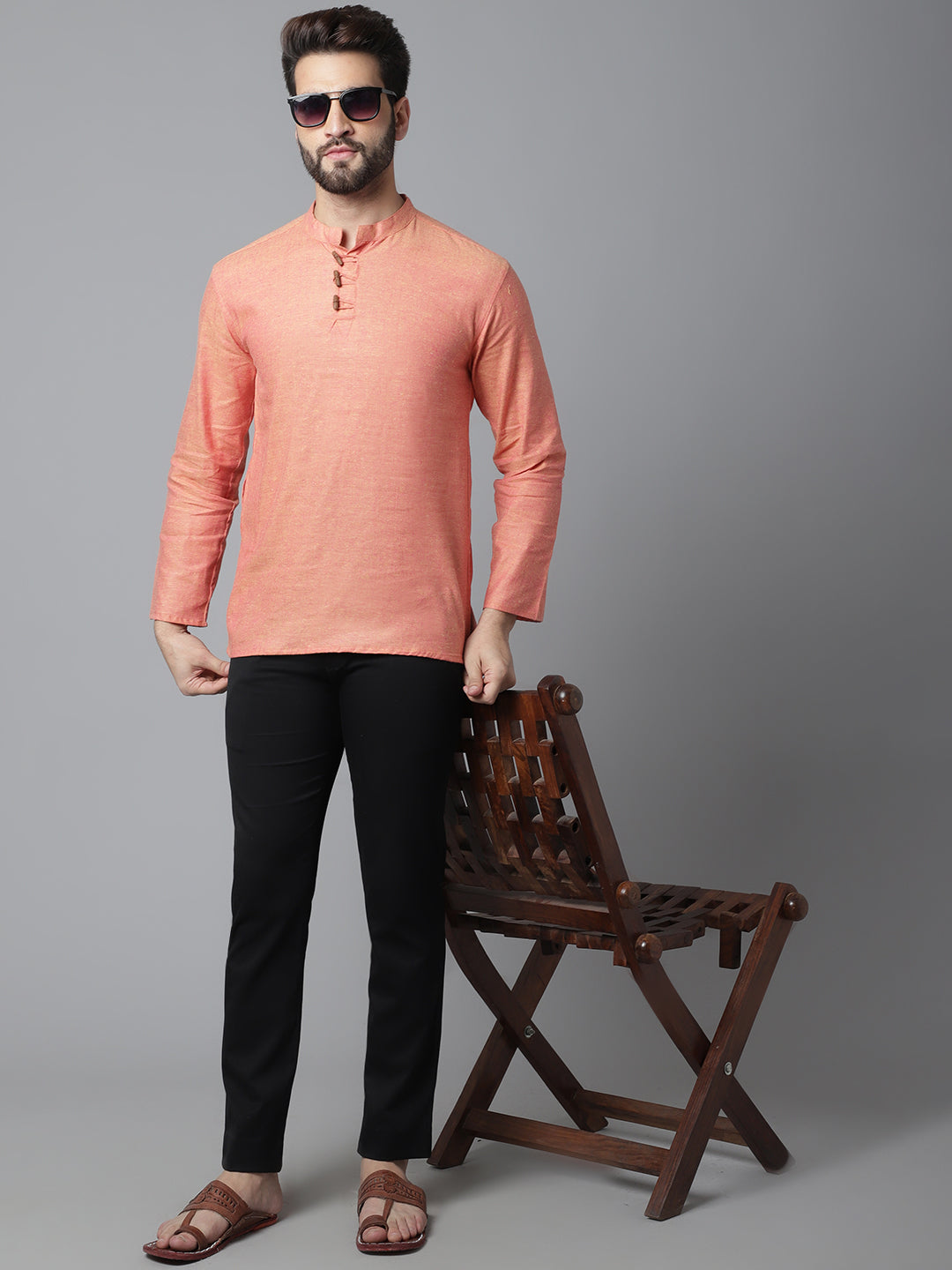 Even Apparels Orange Pure Cotton Kurta With Band Collar | Grocsy