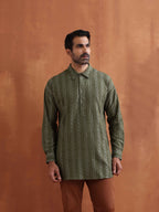 trueBrowns Men's Olive Green Cotton Dobby Short Kurta | Grocsy