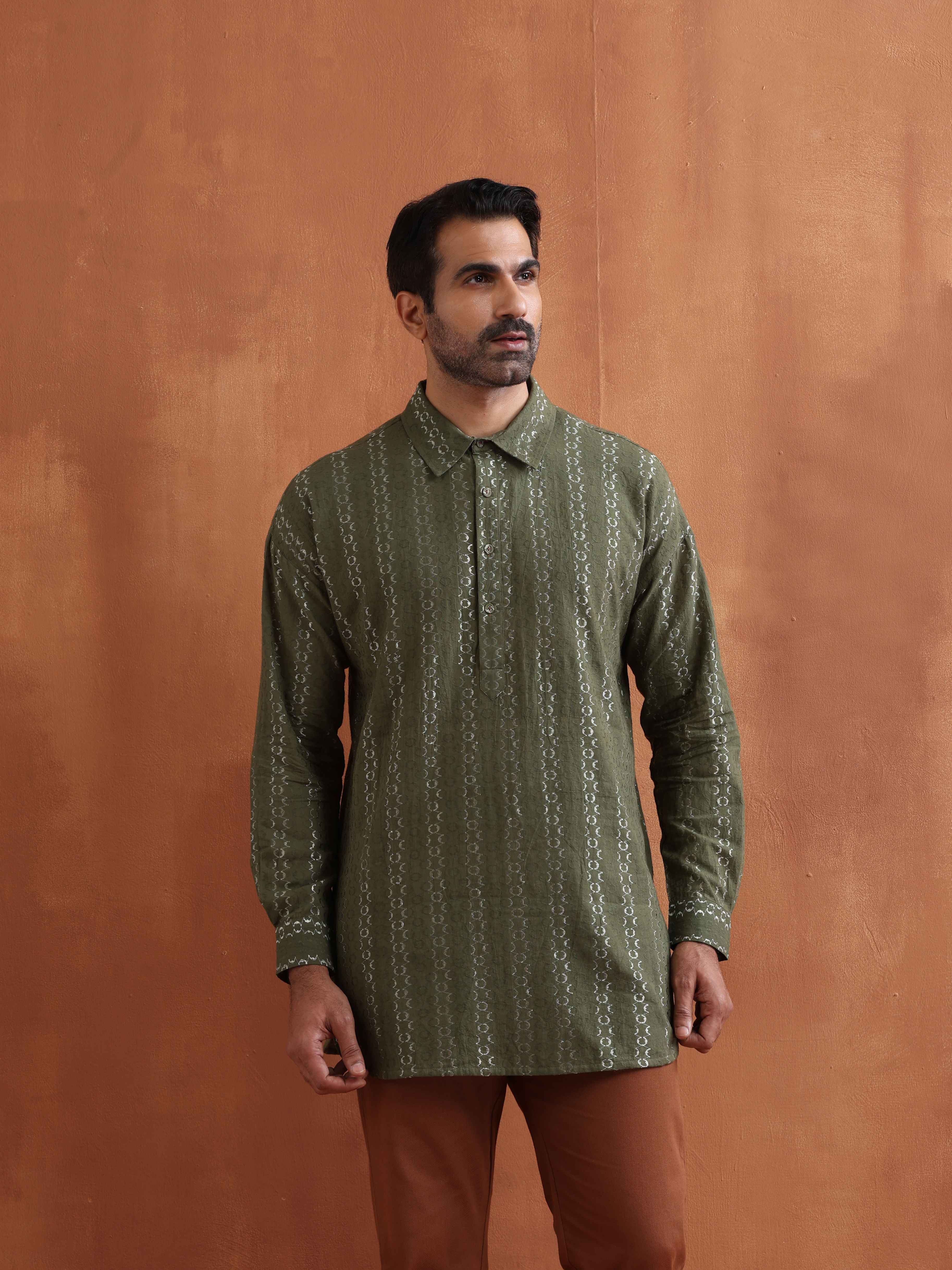 trueBrowns Men's Olive Green Cotton Dobby Short Kurta | Grocsy