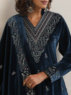 trueBrowns Blue Velvet Embroidered Kurta Pant Dupatta Set | Grocsy