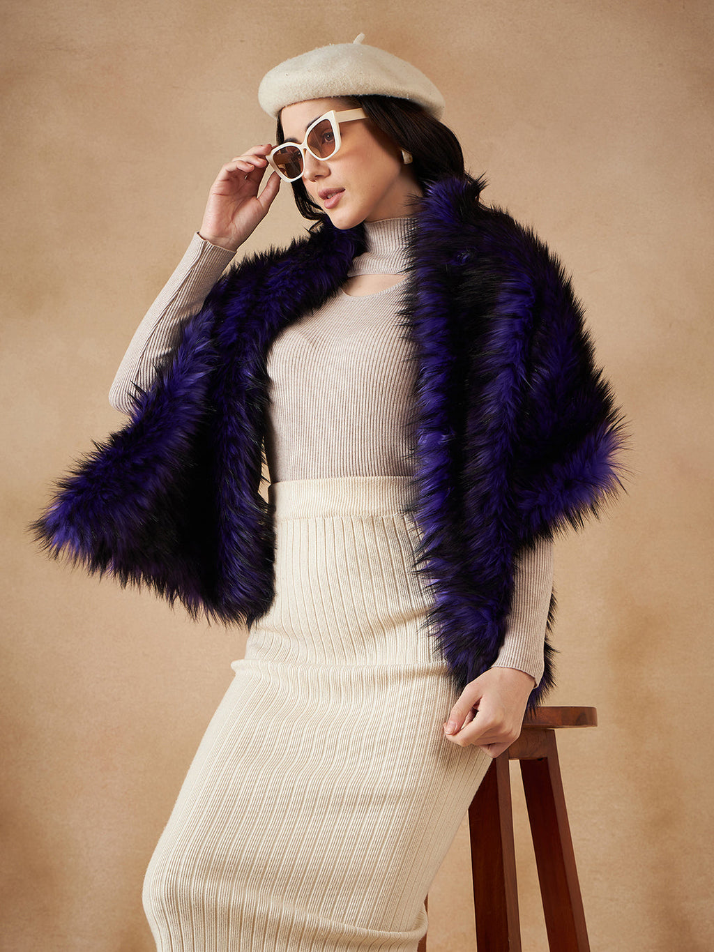 InWeave Purple Black Faux Fur Cape | Grocsy