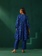 trueBrowns Royal Blue Geometric Floral Viscose Silk Front Gathered Co-ord Set | Grocsy