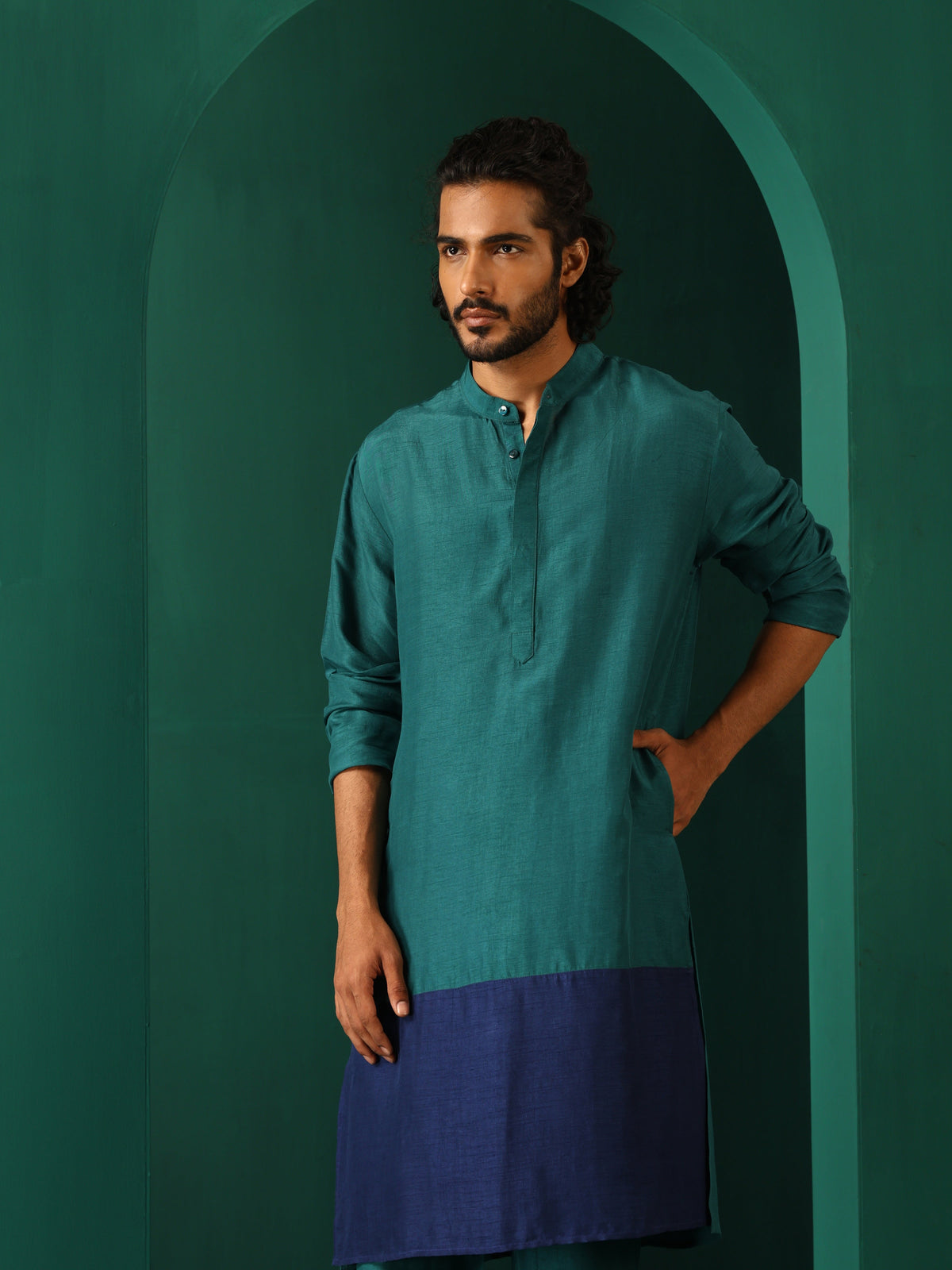 trueBrowns Men's Blue Color Block Silk Long Kurta | Grocsy