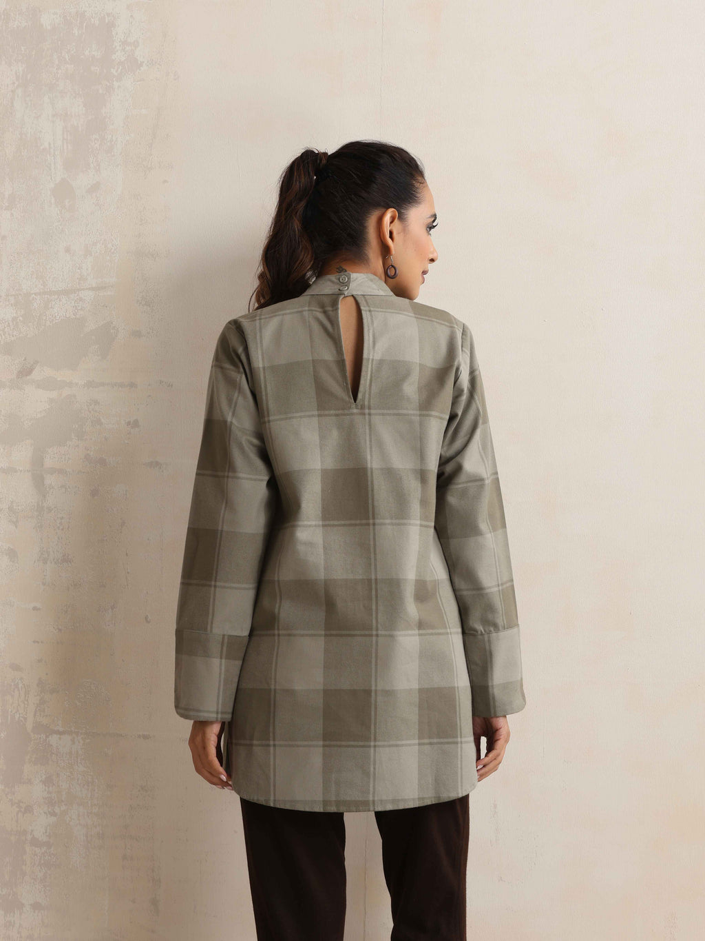 trueBrowns Green Check High Neck Winter Top | Grocsy