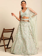 House of Panchhi Sea green Net Multi Sequins with heavy Zarkan embroidery Lehenga choli & Dupatta | Grocsy